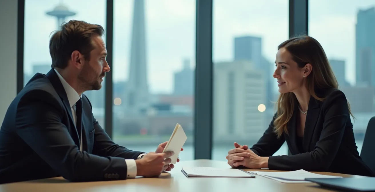 Bureau québécois montrant une négociation professionnelle entre employé et gestionnaire