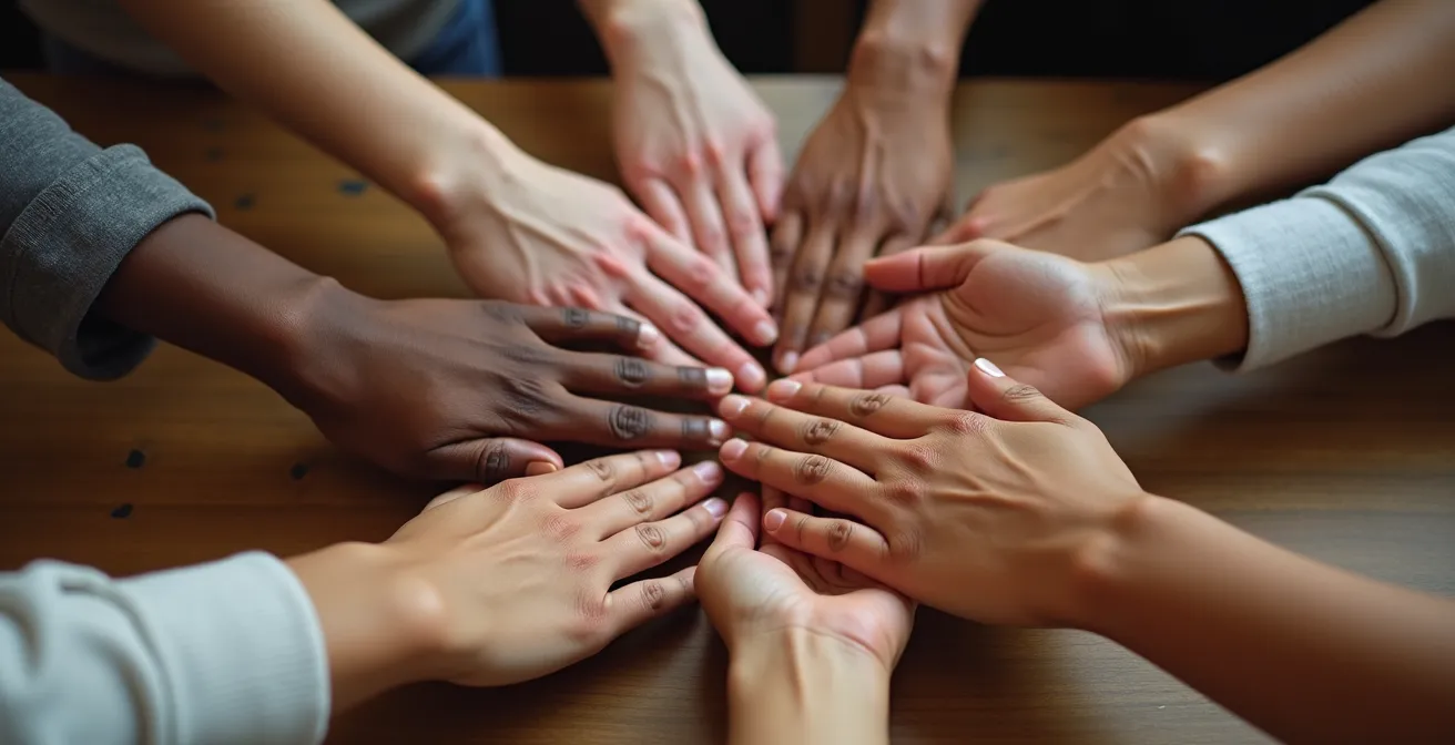 Mains jointes en cercle vues du dessus symbolisant le soutien communautaire et la solidarité
