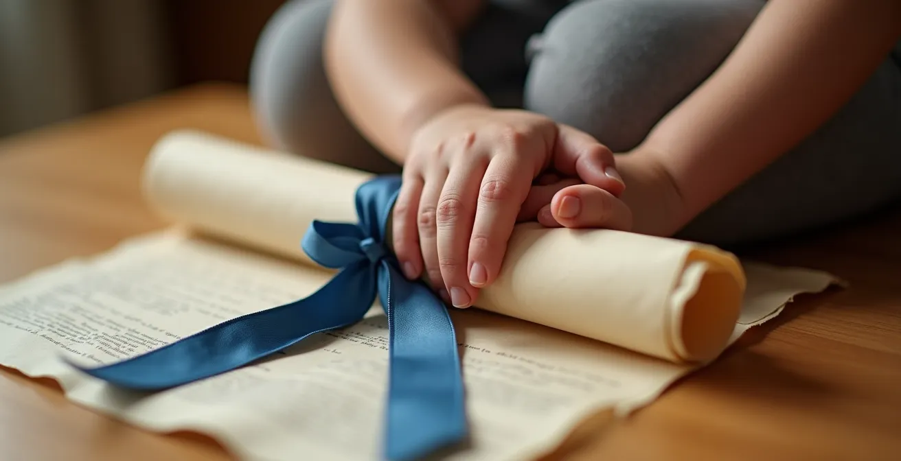 Mains d'adulte et d'enfant tenant ensemble un document symbolique dans un environnement chaleureux