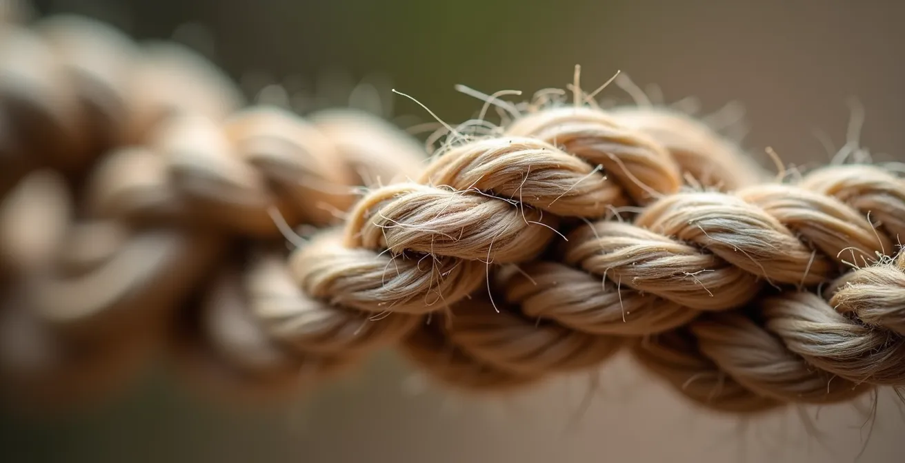Détail macro d'une corde tressée avec des fils de différentes couleurs s'entrelaçant harmonieusement