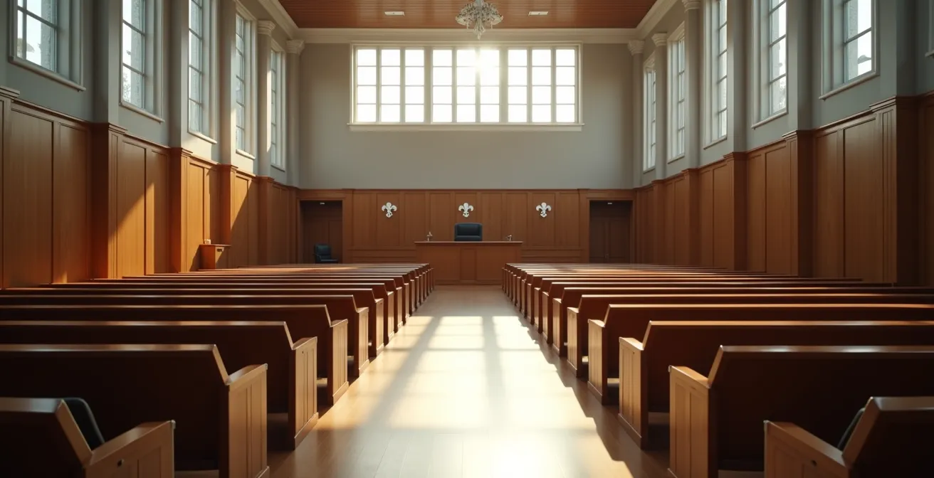 Vue large d'une salle d'audience moderne au Québec avec rangées de sièges vides et bureau du juge, symbolisant l'action collective en justice
