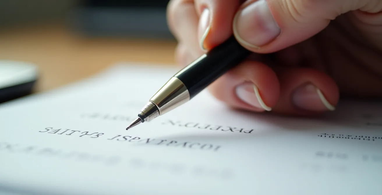 Gros plan sur une main rédigeant un document juridique avec stylo professionnel