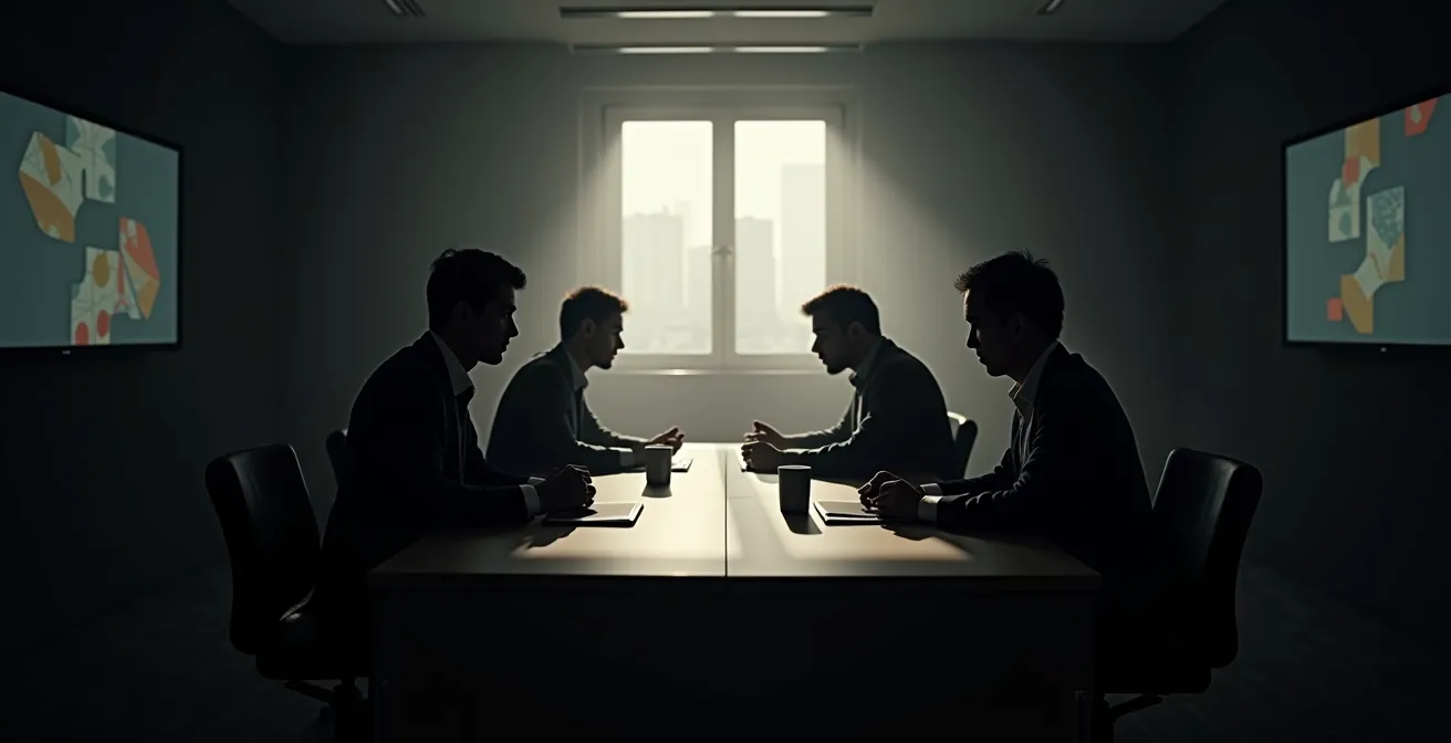 Réunion d'association professionnelle avec des signaux d'alerte visuels de collusion potentielle.