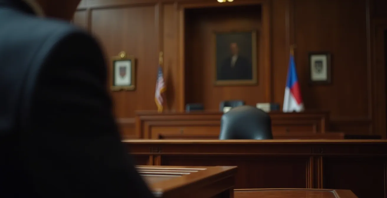 Vue environnementale d'un box de témoin vide dans une salle d'audience québécoise