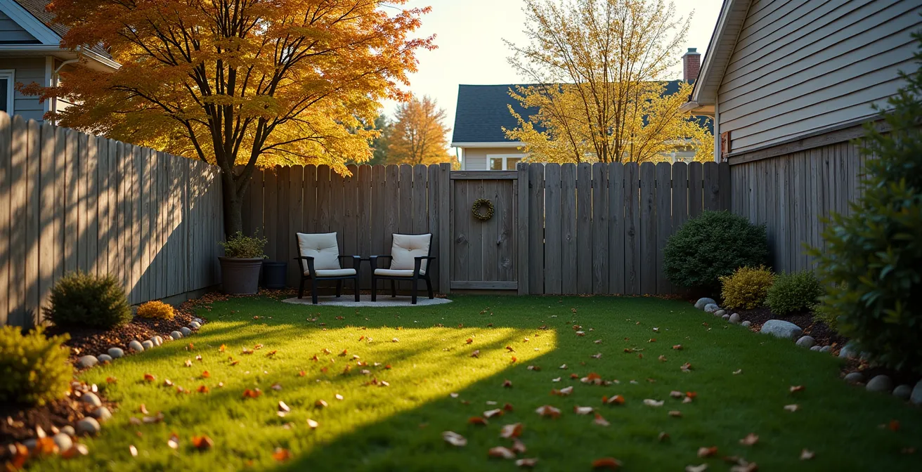 Vue large d'une cour arrière québécoise avec clôture et espaces privés délimités